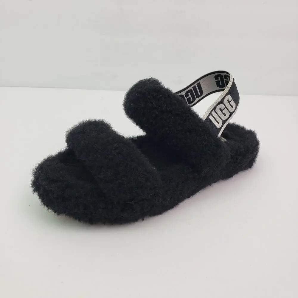 UGG Oh Yeah Girls Size 1Y Black Slip On Fluffy Soft Slipper Sandals 1115752K